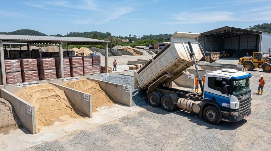 Depósito e frota de caminhões da Brenny Materiais de Construção em Curitiba